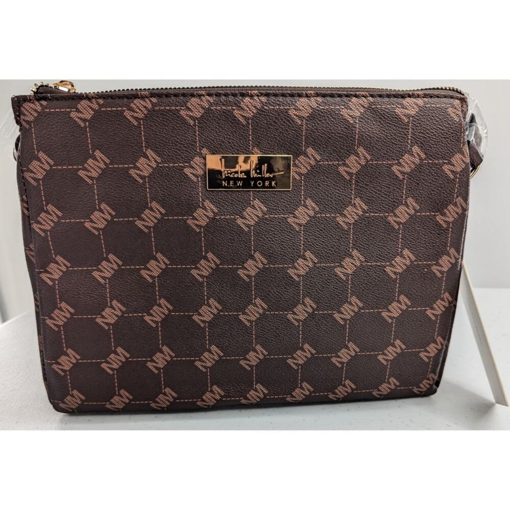 Nicole Miller Brown Monogram Gold Hardware Patterned Crossbody Bag Coin Charm